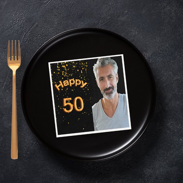 50th birthday party black gold photo men guy napkin (Creator Uploaded)