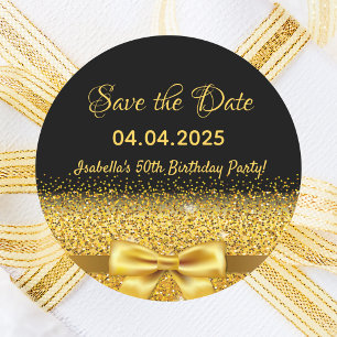 50th birthday party black gold save the date classic round sticker