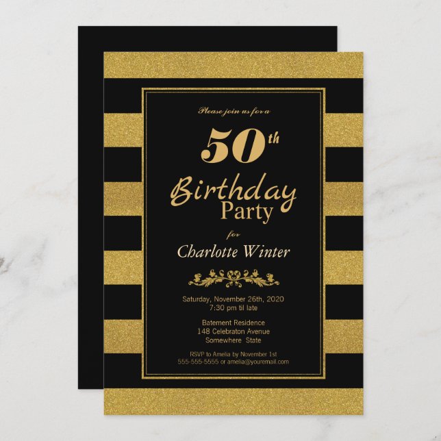 50th Birthday Party Black Gold Striped Invitation (Front/Back)