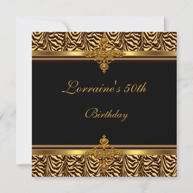 50th Birthday Party Black gold Zebra Stripe Invitation (Front)