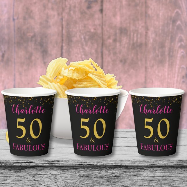 50th Birthday Party Black Pink Gold Personalised Paper Cups (Stylish 50 & fabulous pink black and gold 50th birthday party custom name paper cups)