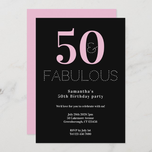 50th Birthday Party Black Pink Modern Party Invitation (Front/Back)