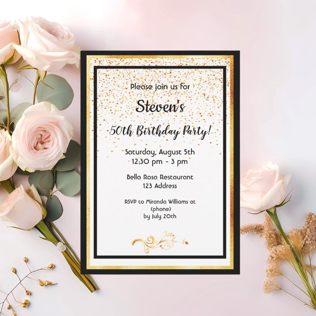 50th birthday party black white and faux gold invitation (Creator Uploaded)