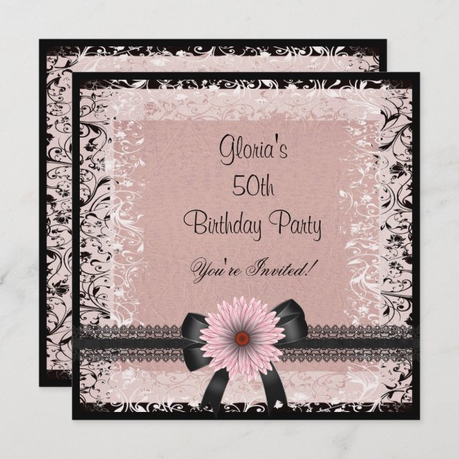 50th Birthday Party Black White Beige Pink Floral Invitation (Front/Back)