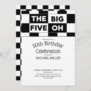 50th Birthday Party Black White Chequered Pattern Invitation