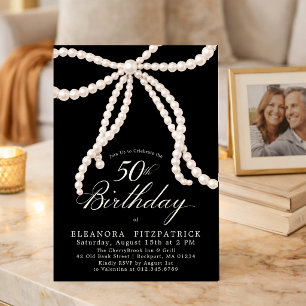 50th Birthday Party Black White Coquette Pearl Bow Invitation