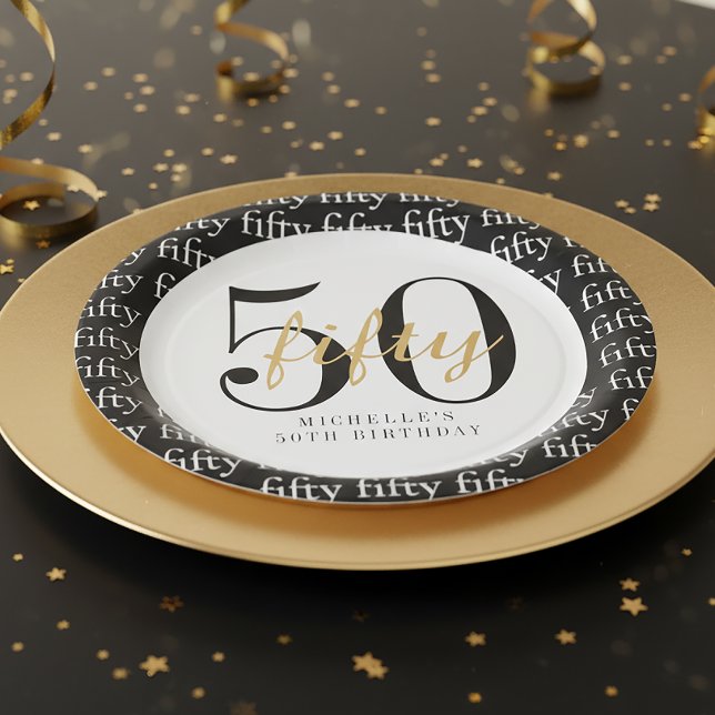 50th Birthday Party Black White Fifty Paper Plate (Creator Uploaded)