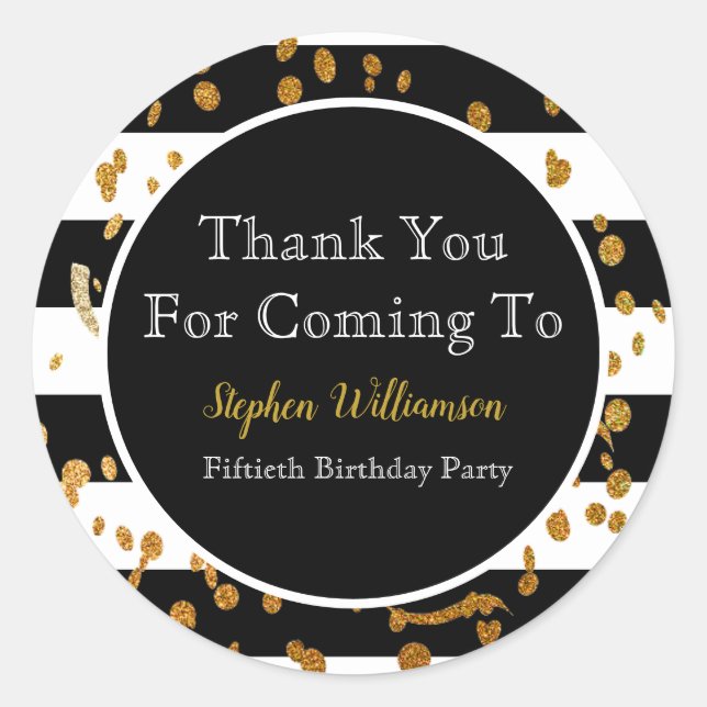 50th Birthday Party| Black White Gold Thank You Classic Round Sticker (Front)