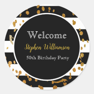 50th Birthday Party  Black White Gold Welcome Classic Round Sticker
