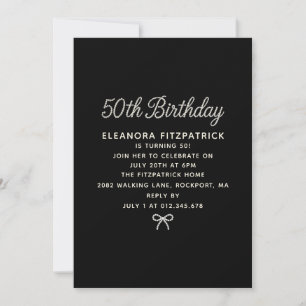 50th Birthday Party Black White Pearl Script Bow Invitation