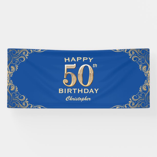 50th Birthday Party Blue and Gold Glitter Frame Banner (Horizontal)