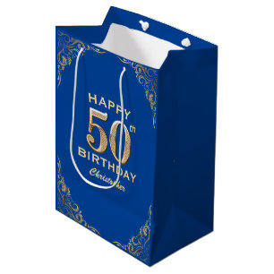 50th Birthday Party Blue and Gold Glitter Frame Medium Gift Bag