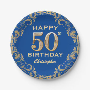 50th Birthday Party Blue and Gold Glitter Frame Paper Plate