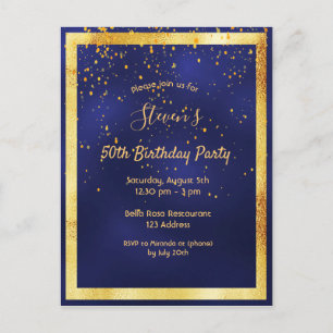 50th birthday party blue gold confetti invitation postcard