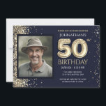 50th Birthday Party Blue Gold Glitter  Invitation<br><div class="desc">Elegant Faux gold border with shimmering confetti highlights on the top border. All text is adjustable and easy to change for your own party needs. Great elegant 50th birthday template design. faux glitter</div>