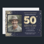 50th Birthday Party Blue Gold Glitter  Invitation<br><div class="desc">Elegant Faux gold border with shimmering confetti highlights on the top border. All text is adjustable and easy to change for your own party needs. Great elegant 50th birthday template design. faux glitter</div>