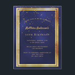 50th birthday party blue gold shiny invitation postcard<br><div class="desc">A trendy,  modern 50th birthday party invitation card for men,  guys,  male.   A dark blue,  navy blue background. The blue colour is uneven.  With a faux gold frame and golden confetti sprinkle,  golden coloured letters. Templates for your party information.
Back: plain postcard design.</div>