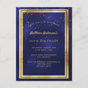 50th birthday party blue gold shiny invitation postcard