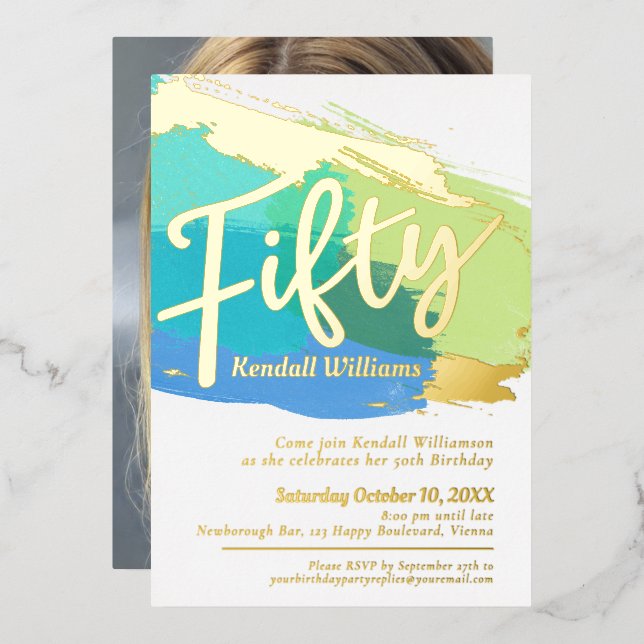 50th Birthday party blue green gold photo abstract (Front/Back)