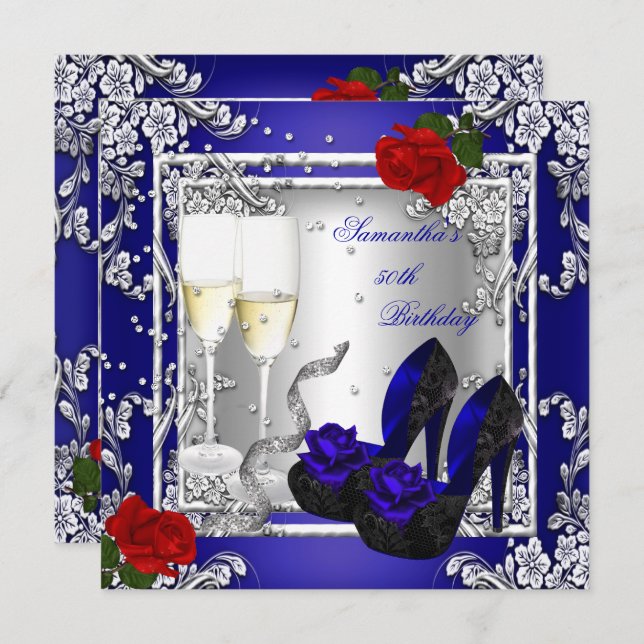 50th Birthday Party Blue Red Rose Silver Invitation (Front/Back)