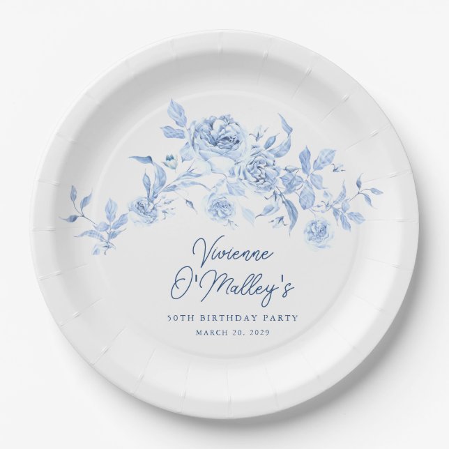 50th Birthday Party Blue Rose Floral Custom Paper Plate (Front)