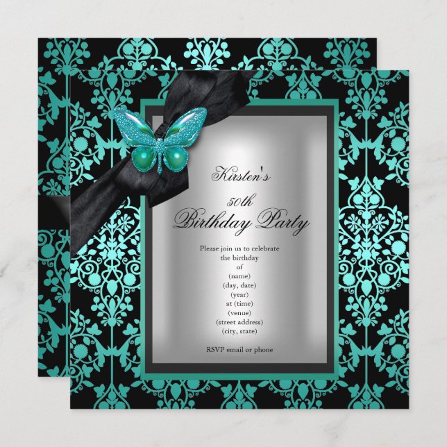 50th Birthday Party Blue Silver Damask Butterfly Invitation (Front/Back)