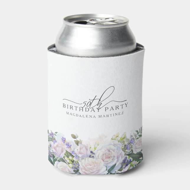 50th Birthday Party Blue White Floral Custom Can Cooler (Can Front)