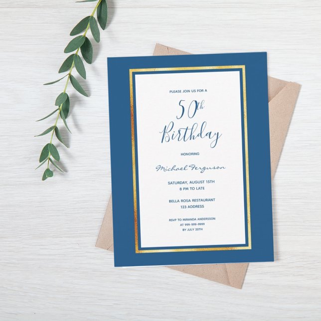 50th birthday party blue white gold invitation postcard (Creator Uploaded)