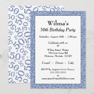 50th Birthday Party Blue/White Number Pattern Invitation