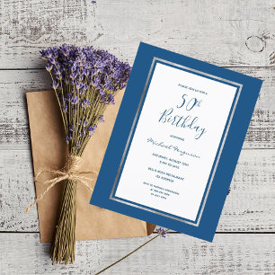 50th birthday party blue white silver invitation postcard