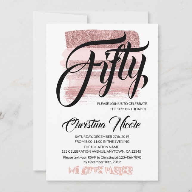 50th Birthday Party Celebration, Rose Pink Fifty Invitation (Front)