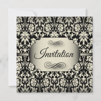50th Birthday Party | Champagne & Black Damask Invitation