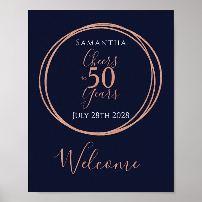 50th Birthday Party Cheers 50 Years Navy Rose Gold Poster (Front)