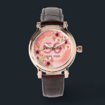 50th birthday party coral gold dahlia flowers watch<br><div class="desc">A trendy watch for a 50th birthday gift. With a faux gold hexagon geometrical shaped frame. Decorated with watercolored dahlia flowers in pink, cream and coral. Living coral with polka dots as background. Templates for a name, age 50 and a date. Date of birth or date of the party. Burgundy...</div>