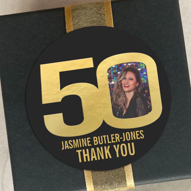 50th birthday party custom photo gold favour classic round sticker (Creator Uploaded)