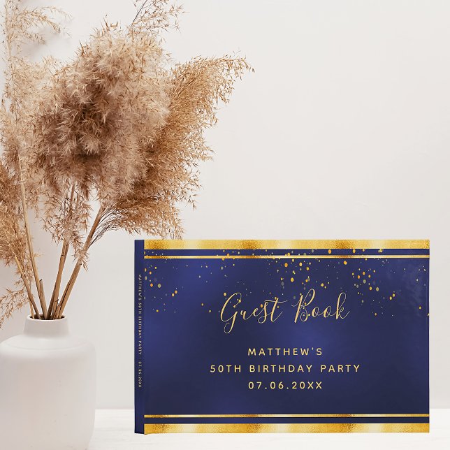 50th Birthday Party dark blue gold confetti Guest Book (Creator Uploaded)