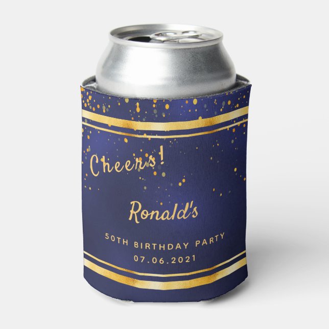 50th Birthday party dark navy blue gold cheers Can Cooler (Can Front)