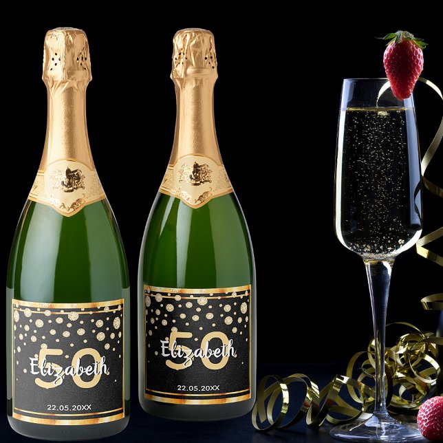 50th birthday party diamonds glitter black gold sparkling wine label (Creator Uploaded)