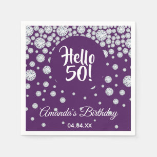 50th birthday party diamonds on purple hello 50 napkin