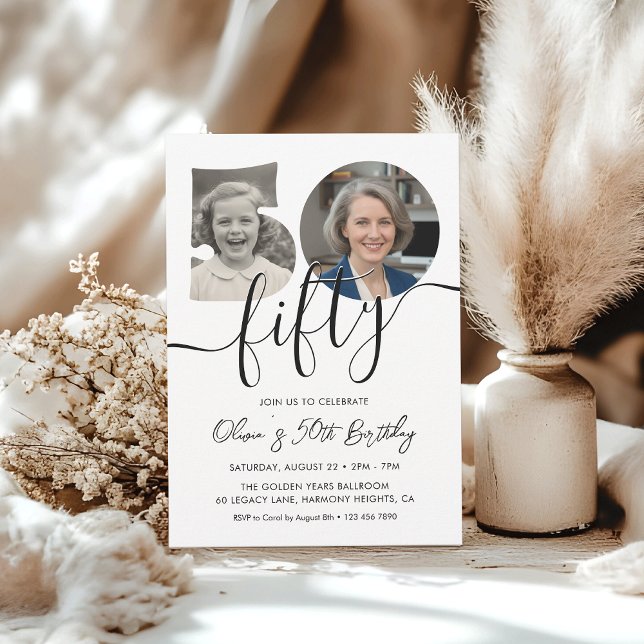 50th Birthday Party Elegant 2 Photo Birthday Invitation (Creator Uploaded)