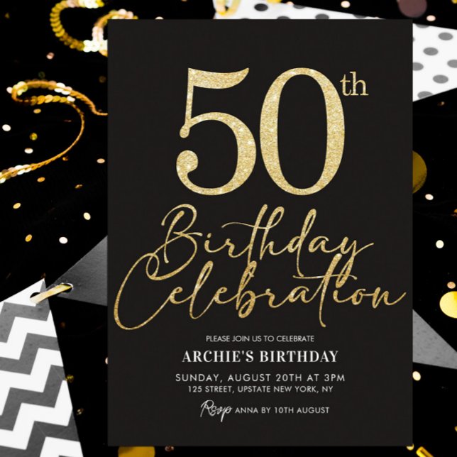 50th Birthday Party Elegant Black & Gold Glitter Invitation (50th birthday invitation black and gold glitter template)