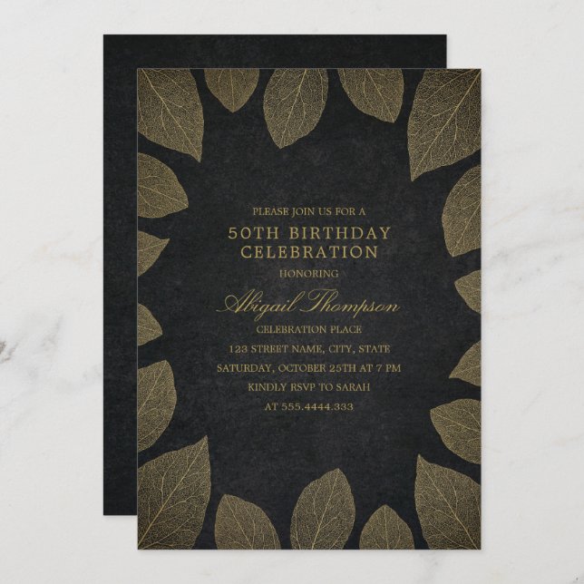50th Birthday Party Elegant Black Gold Leaves Invitation (Front/Back)