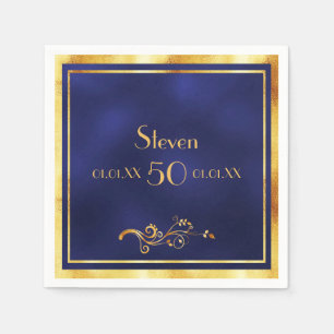 50th birthday party elegant blue and gold napkin