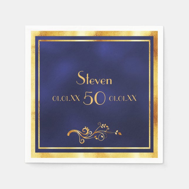 50th birthday party elegant blue and gold napkin (Front)