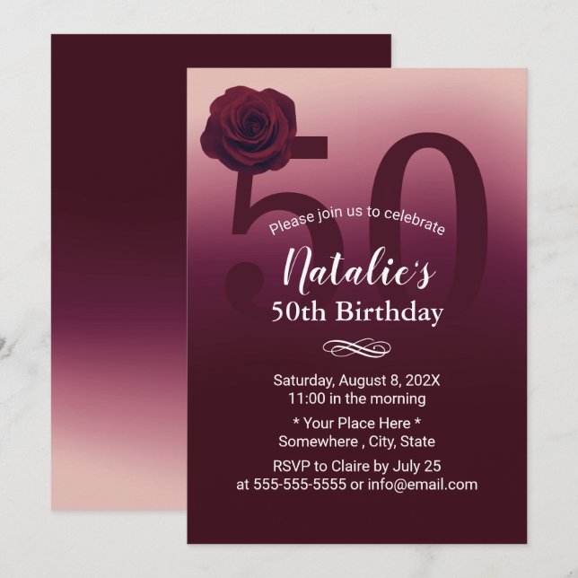 50th Birthday Party Elegant Burgundy Red Ombre Invitation (Front/Back)