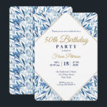 50th Birthday party Elegant invitation<br><div class="desc">Gold frame and blue leaves 50th birthday party invitation card. Find matching products in our shop or contact us.</div>