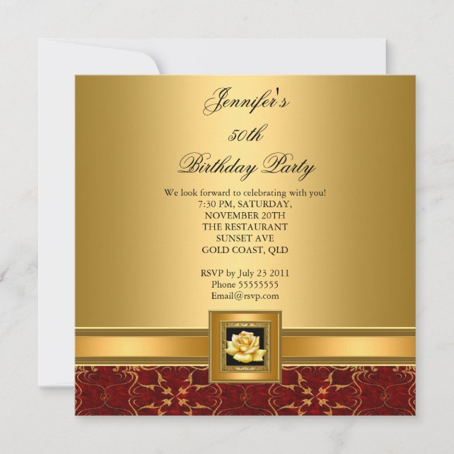 50th Birthday Party Elegant Red Gold Black Invitation (Front)