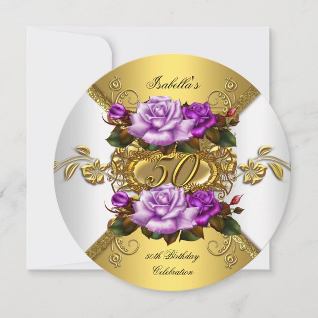 50th Birthday Party Elegant Roses Purple Gold R Invitation (Front)