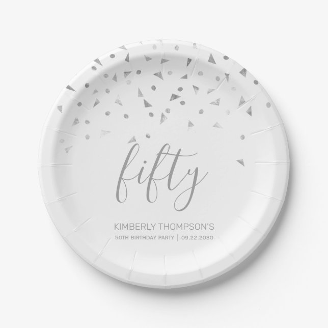 50th Birthday Party Elegant White Silver Confetti Paper Plate (Front)