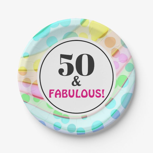 50th Birthday Party Fabulous Colourful Rainbow Paper Plate (Front)